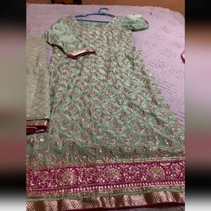 Embroidered Green and Pink Traditional Kameez And Dupatta